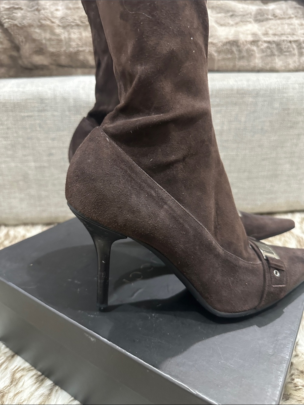 Dior Brown Suede Over-the-Knee Boots with Silver Logo Plate - Picture 4 of 9